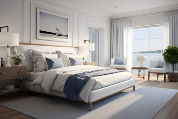 Nautical inspired bedroom with crisp whites and navy accent