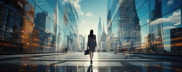 Foto op Plexiglas Successful businesswoman walking down the business centrum, reflective skyscrapers around. © Filip
