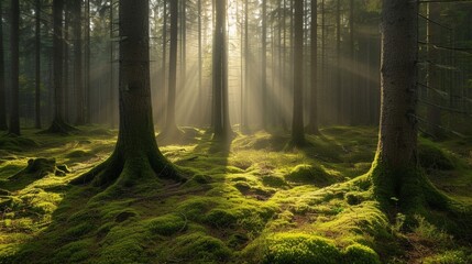 Beautiful forest with moss-covered soil and sunbeams through the trees