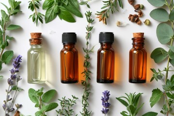 vials of essential oil and herbs on a white background. The concept of health - Powered by Adobe