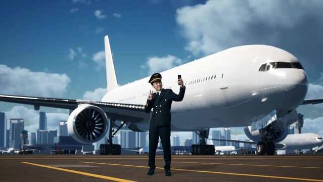 Full Body Of Asian Man Pilot Using Smartphone Taking Picture While Standing In Airfield With Airplane On Background
