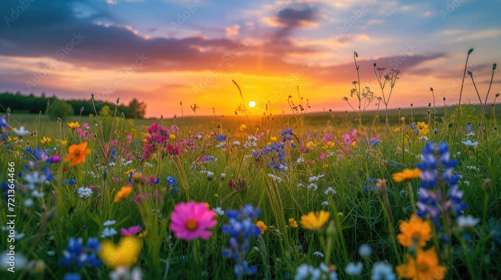 Wall mural beautiful field with colorful wild flowers foggy landscape at sunrise or dawn