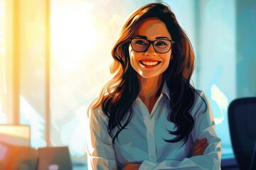 smiling business woman at the office, in the style of realistic chiaroscuro, poster ,backlight , nul group, open form, optical, rounded  - obrazy, fototapety, plakaty