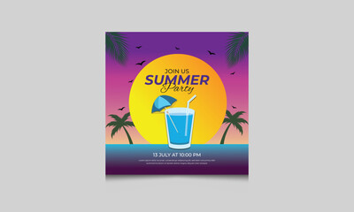 Summer Party Social Media Post Template with Tropical background with sunset, palms leaves and exotic plants.