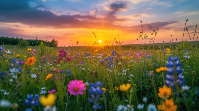 Beautiful field with colorful wild flowers foggy landscape at sunrise or dawn