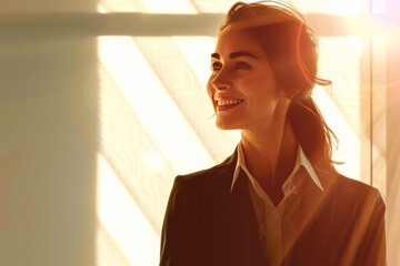 smiling business woman at the office, in the style of realistic chiaroscuro, poster ,backlight , nul group, open form, optical, rounded  - obrazy, fototapety, plakaty