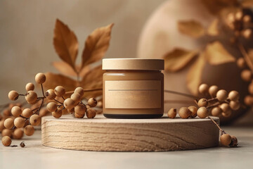 a jar of brown cosmetic cream on a wooden dressing table. Space for text