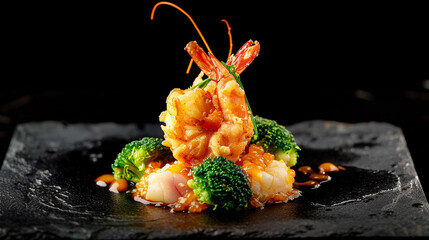Illustration of fried spicy shrimp and broccoli on a black dish. Like a Michelin-star restaurant. Menu illustration, culinary art.