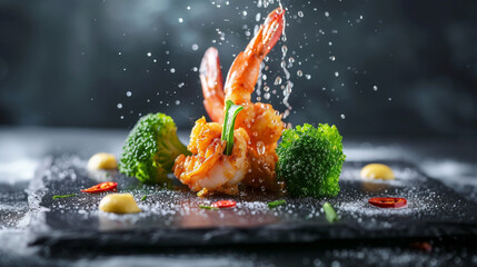 Illustration of fried spicy shrimp and broccoli on a black dish. Like a Michelin-star restaurant. Menu illustration, culinary art.