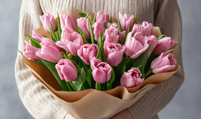 Woman hands holding a bouquet of tulips in kraft paper on a light pink background.