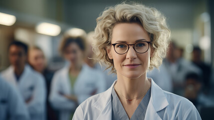 Portrait of a Woman Doctor in White Lab Coat Standing in Front of Other Doctors.