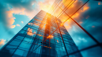 An image of a tall office building with sunset light penetrating through glass walls and a background in the form of blurred rays of the sun in the bokeh style. - obrazy, fototapety, plakaty