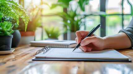 A female accountant working on finances with a calculator in her office makes notes in a notebook. The concept of economics. savings and finance.