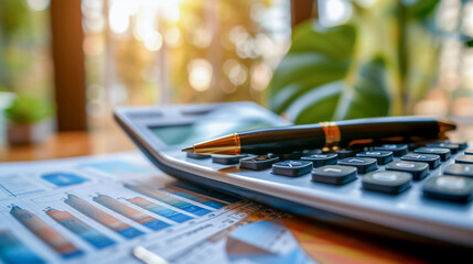 A close-up image of a calculator and a pen. Calculating interest, taxes and profits for investing in real estate and buying a home