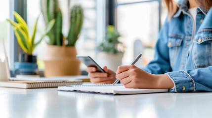 A female accountant working on finances with a smartphone in her hands in her office makes notes in a notebook. The concept of economics. savings and finances.