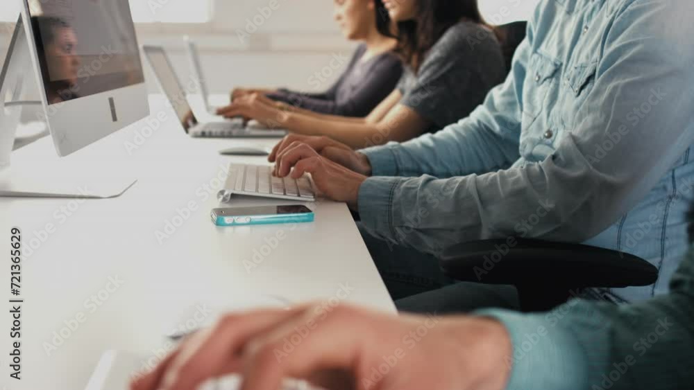 Fototapete Pc, hands and typing with business people, keyboard and closeup with deadline and research for a project. Analysis, group or coworkers with connection or website information with teamwork or computer