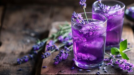 Violet lavender bloom nectar in a cup. Premium image. - obrazy, fototapety, plakaty