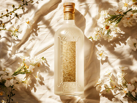 bottle of white gin with mockup label on a white silk background with white flowers