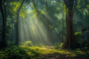 The sun shines through the tall trees in the lush green forest - obrazy, fototapety, plakaty