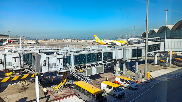 Hong Kong, China - 19th January 2024: Hong Kong International airport with passengers plane ready to departure.