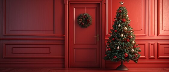 Fototapeta na wymiar Christmas tree enters the door. Christmas is here concept on red background with copy space. 3D Rendering, 3D Illustration