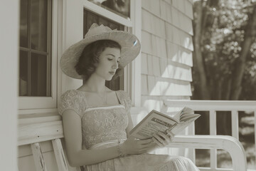 Beautiful Woman in a retro dress and floppy hat, sitting on a porch swing and reading a book retro style - Powered by Adobe
