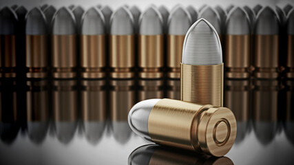 Stack of generic bullets with reflection. 3D illustration