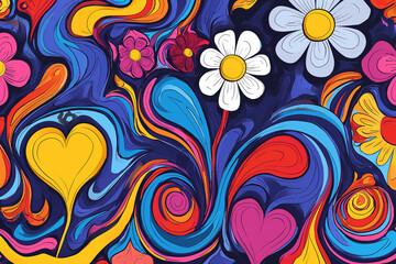 Groovy hippie 70s backgrounds. Waves, swirl, twirl pattern with heart, daisy, flower. Twisted and distorted vector texture in trendy retro psychedelic style. Y2k aesthetic - obrazy, fototapety, plakaty