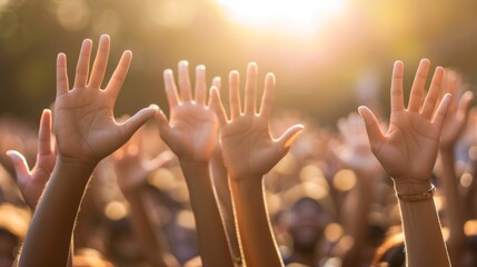A group of people raising their hands in the air - obrazy, fototapety, plakaty
