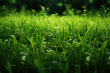 Green grass in the sunlight. Shallow depth of field. Selective focus