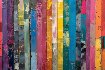 Painted strips of board assembled into a colorful collage