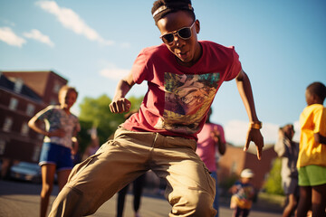 Funky ethnic teenager guy dancing having fun outdoors. Generative AI