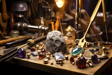 Jewelry makers table with luxury accessory and tools. Generative AI