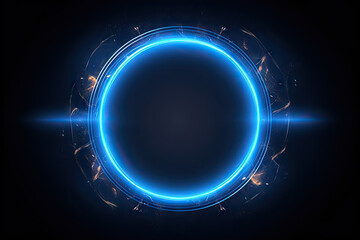 Blue neon round frame with smoke on black background. 3D rendering