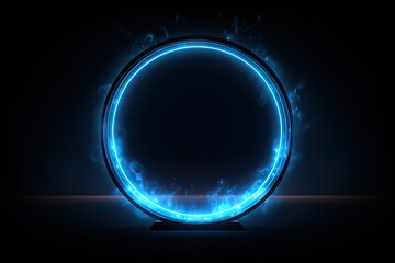 Blue neon round frame with smoke on black background. 3D rendering