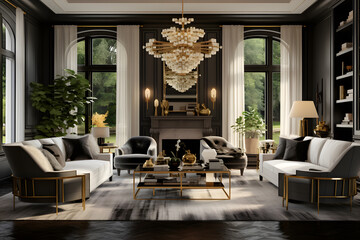 Fototapeta na wymiar Hollywood Glam living room with velvet upholstery