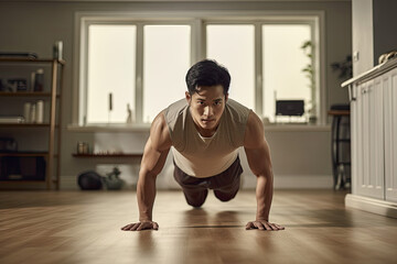 Handsome young Asian man doing push-ups on the floor at home