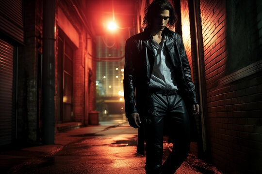 Portrait of fashion young guy vampire on dark street. Generative AI
