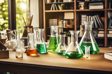 Laboratory flasks with liquid on table. Generative AI