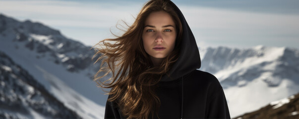 Fototapeta na wymiar Beautiful young woman in black hoodie in mountains. Amazing snowy mountains, winter landscape
