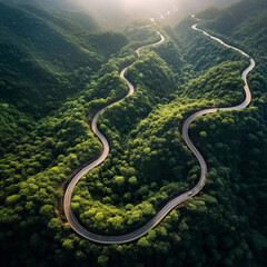 Snake road in forest in mountains. Scenic landscape. Generative AI