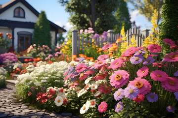Fototapeta na wymiar Outdoor garden with a vibrant flowerbed
