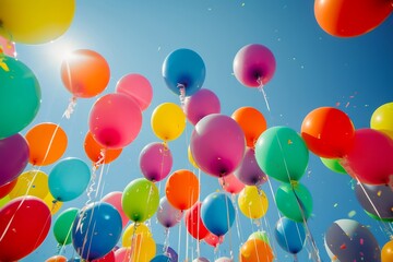 A bunch of colorful balloons soaring into the bright blue sky with confetti, representing joy and celebration on a sunny day.