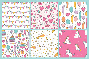 Nursery seamless patterns collection decorated with doodles and cartoon elements for wallpaper, textile prints, scrapbooking, wrapping paper, gift wrap, etc. Birthday theme. EPS 10