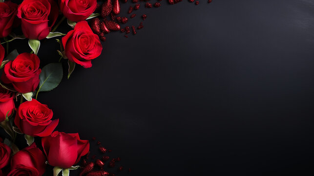 Valentine's Day banner with blank space for text top view black background, red rose, and love background concept