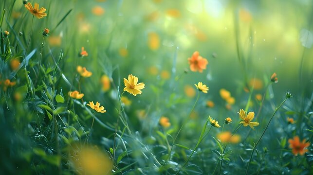 A fresh, dewy meadow springs to life with bright yellow wildflowers, their petals catching the soft glow of morning light.