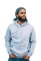 portrait of handsome hipster man with beard wearing gray blank hoodie or sweatshirt and hat with...