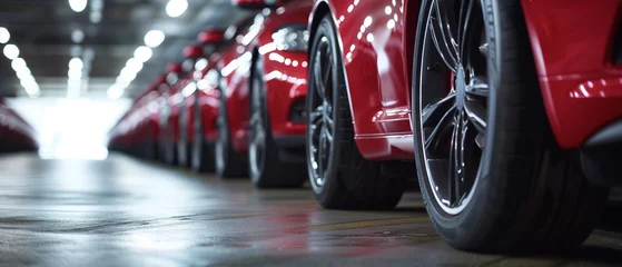 Foto op Canvas Sleek Red Vehicles Lined Up in Showroom: A Symphony of Engineering Precision and Automotive Design © Alienmonster Images