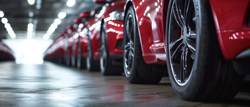 Sleek Red Vehicles Lined Up in Showroom: A Symphony of Engineering Precision and Automotive Design