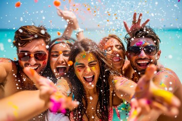 Obraz premium A group of joyful friends throwing colorful paint at a beach party, celebrating with bright smiles and high energy.